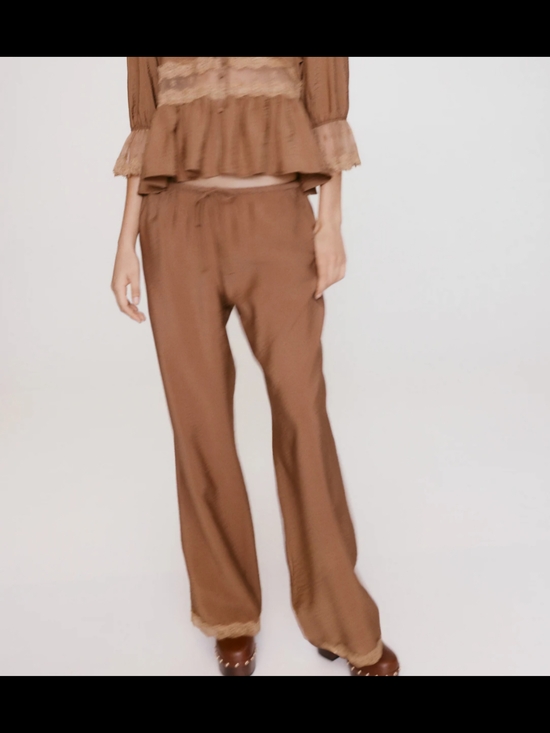 Divided Pants - Divided Brown Lace Trimmed Wide-Leg Drawstring Pants